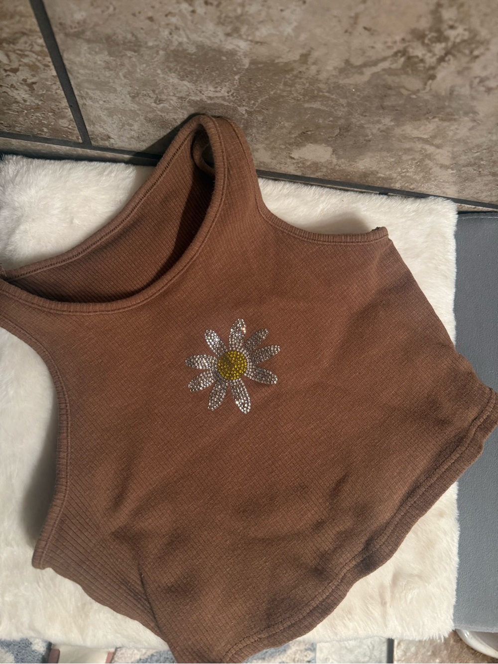 🩷Brown Daisy Rhinestone Ribbed Tank Top